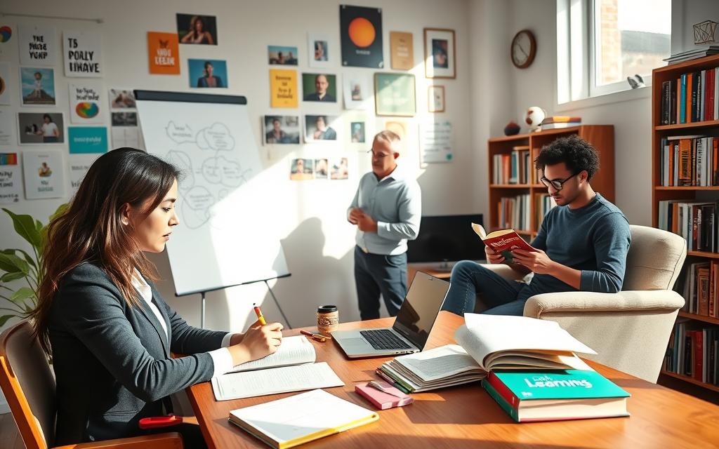 A cozy home office scene showcasing a diverse group of three individuals engaged in learning activities. In the foreground, a young woman in smart casual attire is sitting at a wooden desk, surrounded by colorful stationery, a laptop, and open books, writing notes with focused enthusiasm. In the middle ground, a middle-aged man is standing by a whiteboard, brainstorming ideas, while a younger man is seated on a comfortable chair, reading an engaging textbook. Soft morning light streams through a window, casting gentle shadows and creating a warm, inviting atmosphere. In the background, a wall filled with motivational posters and a bookshelf lined with various learning materials adds depth. The overall mood is productive, inspiring, and collaborative, emphasizing the importance of making learning a daily habit.