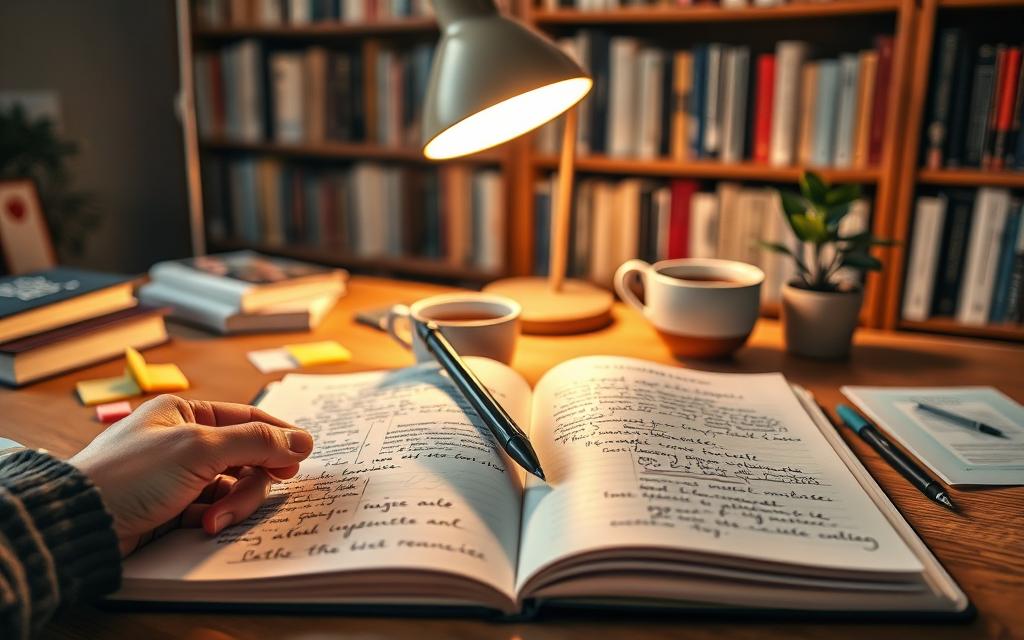 A cozy, well-lit workspace featuring an open learning journal on a wooden desk. The foreground shows a close-up of a hand holding a pen, poised over the journal filled with handwritten reflections and doodles. In the middle ground, a soft, warm lamp illuminates the pages, casting gentle shadows. Scattered around the desk are a steaming cup of herbal tea, a few colorful sticky notes, and a small potted plant, enhancing the atmosphere of tranquility and focus. In the background, a bookshelf lined with inspiring books is slightly blurred, suggesting a wealth of knowledge. The overall mood is contemplative and inviting, evoking a sense of mindful reflection and the importance of learning from past mistakes.