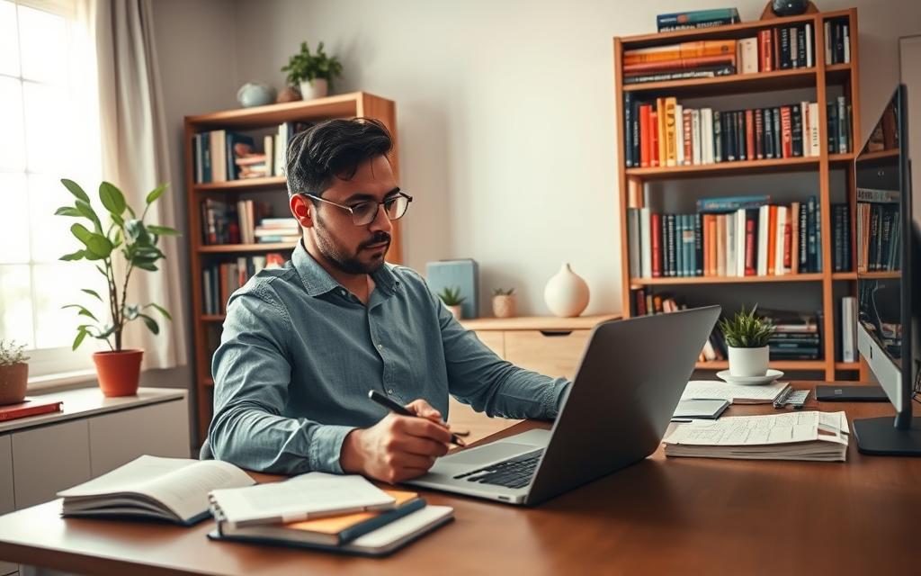 A focused individual in a cozy home office, sitting at a modern desk filled with notebooks, a laptop, and educational materials. In the foreground, the person, dressed in smart casual attire, is actively taking notes while engaging with on-screen learning content. The middle ground features a large bookshelf filled with various books on professional development and skill enhancement, with a small plant for a touch of greenery. In the background, a soft-lit window allows natural light to flood the room, creating an inviting atmosphere. The mood is productive and inspiring, with a color palette of warm tones to evoke a sense of motivation and commitment to ongoing learning. The camera angle captures the scene from a slight elevation, offering a balanced view of the workspace. A focused individual in a cozy home office, sitting at a modern desk filled with notebooks, a laptop, and educational materials. In the foreground, the person, dressed in smart casual attire, is actively taking notes while engaging with on-screen learning content. The middle ground features a large bookshelf filled with various books on professional development and skill enhancement, with a small plant for a touch of greenery. In the background, a soft-lit window allows natural light to flood the room, creating an inviting atmosphere. The mood is productive and inspiring, with a color palette of warm tones to evoke a sense of motivation and commitment to ongoing learning. The camera angle captures the scene from a slight elevation, offering a balanced view of the workspace.