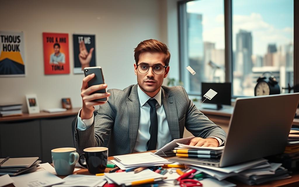 A focused young professional in business attire sits at a cluttered desk, juggling multiple distractions like a ringing smartphone, scattering papers, and an open laptop displaying various notifications. Their expression shows determination as they push aside a colorful array of distractions, including coffee cups and a clock indicating time pressure. In the background, a softly lit modern office space is visible, with motivational posters on the walls and a large window showcasing a busy cityscape outside, suggesting the outside world's constant pull. The warm, natural light creates an atmosphere of urgency and concentration, highlighting the struggle to maintain focus amidst chaos. The angle is slightly above eye level, providing a comprehensive view of the entire scene, emphasizing the central battle against distractions. A focused young professional in business attire sits at a cluttered desk, juggling multiple distractions like a ringing smartphone, scattering papers, and an open laptop displaying various notifications. Their expression shows determination as they push aside a colorful array of distractions, including coffee cups and a clock indicating time pressure. In the background, a softly lit modern office space is visible, with motivational posters on the walls and a large window showcasing a busy cityscape outside, suggesting the outside world's constant pull. The warm, natural light creates an atmosphere of urgency and concentration, highlighting the struggle to maintain focus amidst chaos. The angle is slightly above eye level, providing a comprehensive view of the entire scene, emphasizing the central battle against distractions.