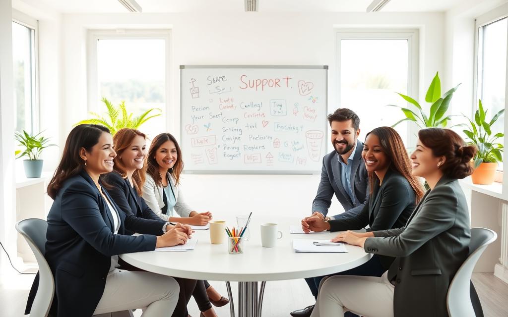 A serene and inviting learning environment set in a bright, airy classroom. In the foreground, a diverse group of two to three individuals, dressed in professional business attire, are seated at a round table, engaging in collaborative discussions with warm smiles and open body language. The middle ground features a whiteboard filled with encouraging notes and colorful drawings, symbolizing support and creativity. Large windows in the background let in soft, natural light, illuminating potted plants that add a touch of nature. The atmosphere is bright and uplifting, encouraging a sense of safety and confidence. The camera angle is slightly angled from above, capturing the interaction and the supportive ambiance surrounding the learners.