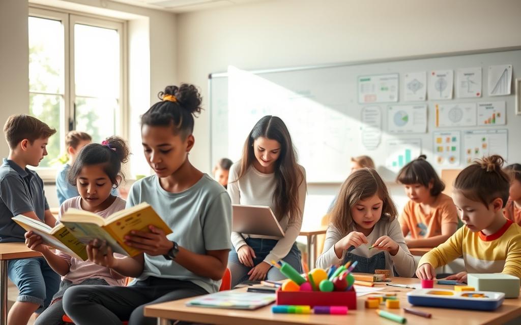 A serene and vibrant classroom setting depicting various learning styles in action. In the foreground, a diverse group of individuals of varying ages, engaged in different learning activities: one person is reading a book, another is using a laptop while taking notes, and a third is involved in a hands-on project with colorful materials. The middle ground features a whiteboard filled with diagrams illustrating visual learning concepts, while other learning tools like charts and tactile resources are scattered around. In the background, sunlight streams through large windows, creating a warm and inviting atmosphere. The scene is captured with a soft focus, emphasizing the interactions and engagement of the learners, conveying a mood of curiosity and creativity.