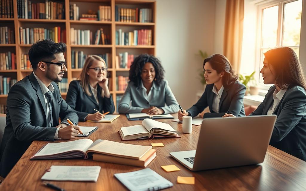 A serene study environment highlighting reflective learning. In the foreground, a diverse group of three individuals in professional business attire engage in deep discussion around a large wooden table, each with notebooks and pens, showing expressions of contemplation. In the middle ground, books and sticky notes are scattered across the table, and a laptop open with a presentation on continuous improvement. The background features a cozy bookshelf filled with academic texts and a soft-lit window that lets in warm, natural light, creating a harmonious atmosphere. The overall mood is one of focused collaboration, with a soft bokeh effect hinting at a sense of ongoing development and introspection. Aim for an angle that captures the group dynamics and emphasizes their engaged interaction.