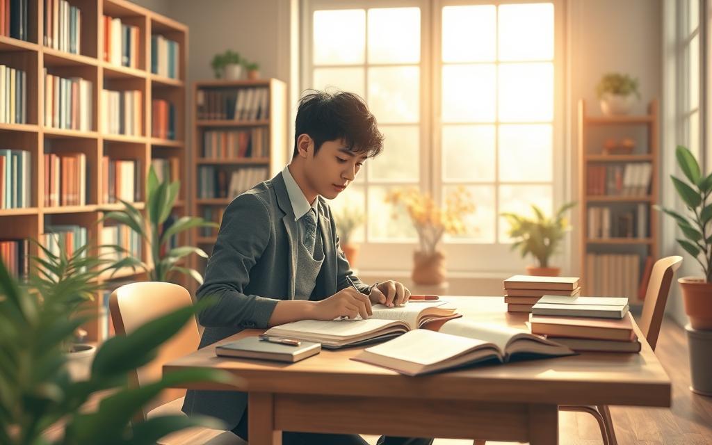 A serene study scene illustrating the concept of slow learning, featuring a focused student in a cozy, softly lit library. In the foreground, the student, a young adult in professional casual attire, sits at a wooden table surrounded by open books and scattered notes, deeply engaged in reading. The middle ground showcases shelves filled with books, with a few plants adding a touch of greenery. In the background, large windows allow gentle sunlight to filter in, casting a warm glow throughout the space, suggesting a calm and contemplative atmosphere. The overall color palette should evoke tranquility, with soft earth tones and natural lighting, emphasizing the peacefulness and depth of comprehension that comes with slow learning.