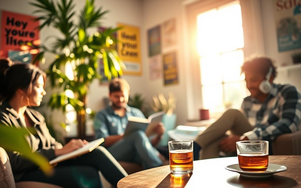 A serene study space filled with warm sunlight streaming through a large window, casting soft shadows on a cozy nook. In the foreground, a diverse group of individuals sits engaged in personal development activities. One person, wearing smart casual attire, writes in a journal, while another reads a book with a smile, illustrating joy in learning. The background features a lush indoor plant and colorful motivational posters, creating a vibrant atmosphere. A steaming cup of tea rests on a wooden table nearby, enhancing the inviting mood. The composition is framed with a slight depth of field that emphasizes the individuals while softly blurring the background, conveying a peaceful yet purposeful ambiance that highlights the concept of enjoyable learning.