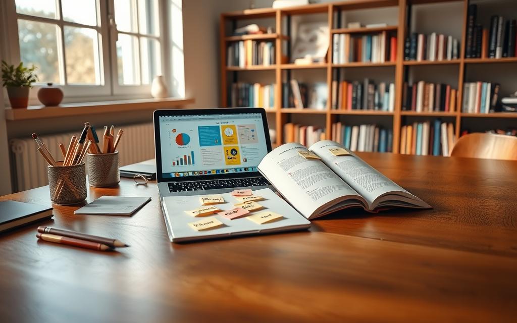 A serene workspace illustrating the concept of micro learning goals. In the foreground, a polished wooden desk with neatly organized stationery, a laptop displaying colorful charts and small sticky notes labeled with achievable learning goals. The middle layer features an open book with diagrams illustrating micro learning techniques, alongside a coffee cup adding a cozy touch. In the background, a large window with sunlight filtering through, illuminating a shelf of books related to personal development. The atmosphere is calm and focused, with soft natural lighting creating a warm ambiance. The angle captures the desk at a slight tilt, inviting the viewer into the scene, emphasizing productivity and motivation without any text or people.
