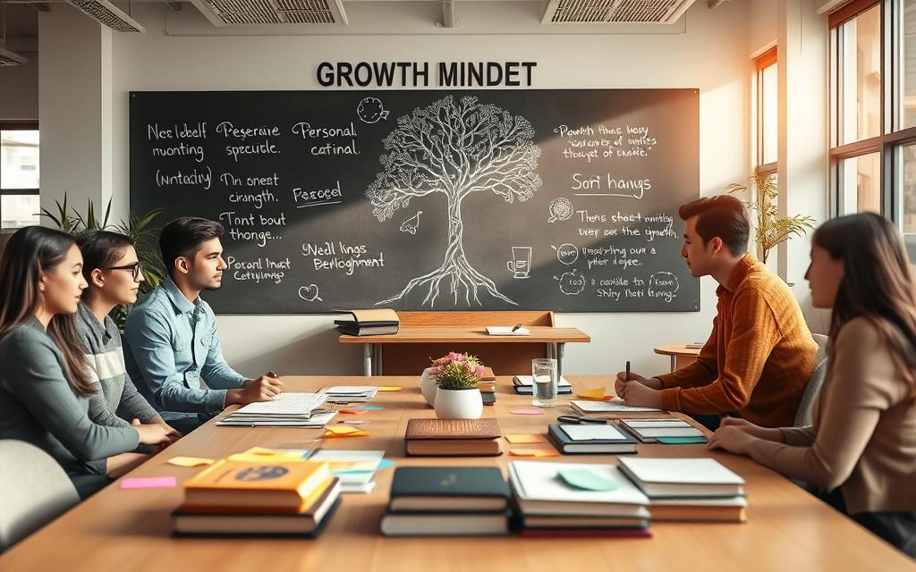 A serene workspace scene illustrating growth mindset strategies. In the foreground, a diverse group of individuals in business attire, engaged in a collaborative brainstorming session around a large table filled with colorful sticky notes and books on personal development. The middle ground features a chalkboard with drawings of a tree growing, symbolizing learning and growth, alongside inspiring quotes about perseverance. In the background, large windows allow natural light to flood in, creating a warm and inviting atmosphere. The overall mood is one of positivity, teamwork, and enlightenment, captured with a soft-focus lens effect to emphasize the warmth of the environment, suggesting growth and progress. A serene workspace scene illustrating growth mindset strategies. In the foreground, a diverse group of individuals in business attire, engaged in a collaborative brainstorming session around a large table filled with colorful sticky notes and books on personal development. The middle ground features a chalkboard with drawings of a tree growing, symbolizing learning and growth, alongside inspiring quotes about perseverance. In the background, large windows allow natural light to flood in, creating a warm and inviting atmosphere. The overall mood is one of positivity, teamwork, and enlightenment, captured with a soft-focus lens effect to emphasize the warmth of the environment, suggesting growth and progress.