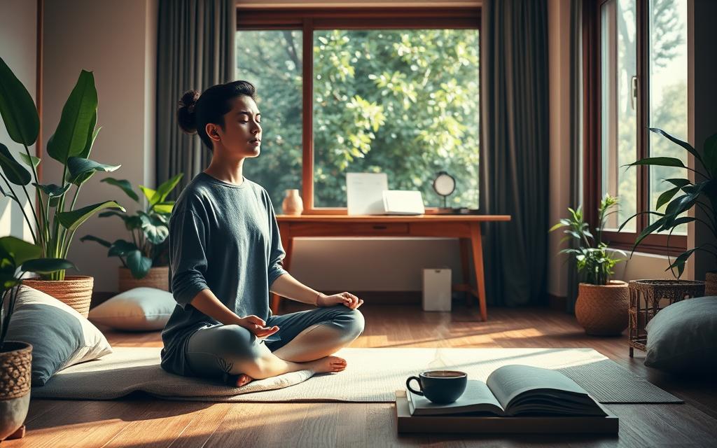 A tranquil study space embodying mindfulness for learning. In the foreground, a serene individual in modest casual attire sits cross-legged on a soft mat, gently meditating with eyes closed, surrounded by lush green plants and soft cushions. In the middle background, a wooden desk is neatly arranged with a few open books and a steaming cup of herbal tea, reflecting an inviting atmosphere. Warm, soft lighting filters through a large window, casting gentle shadows and enhancing the peaceful vibe. A serene view of nature is visible outside, with sunlight illuminating leaves. The overall mood is calming and focused, ideal for fostering a mindful learning environment, emphasizing relaxation and clarity without any distractions.