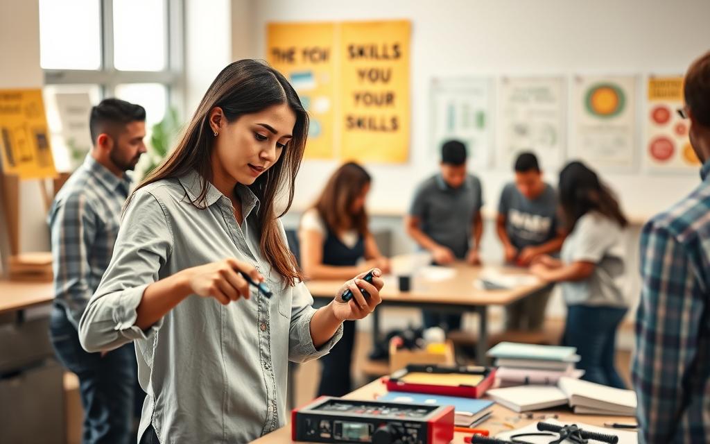 A vibrant learning scene featuring a diverse group of individuals engaged in hands-on activities. In the foreground, a professional woman in smart casual attire is demonstrating a mechanical concept with tools in her hands, focused and engaged. Beside her, a man in a collared shirt observes closely, taking notes. In the middle ground, a small group collaborates at a table filled with educational materials, including books and technical equipment, showcasing a dynamic learning environment. The background illustrates a modern classroom filled with natural light, large windows, and inspirational posters about practical skills. The atmosphere is lively and interactive, conveying a sense of collaboration and discovery. Use a soft focus with warm lighting to enhance the inviting mood.
