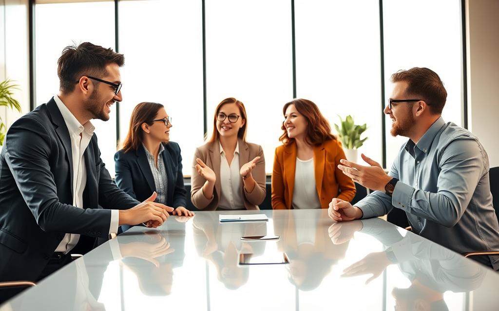 A vibrant scene depicting a diverse group of four professionals engaged in a passionate discussion around a sleek, modern conference table. In the foreground, a male and female participant, both dressed in smart business attire, lean in intently, exchanging ideas with animated expressions. In the middle ground, a female participant with glasses gestures thoughtfully while a male colleague listens, nodding encouragingly. The background features a bright, spacious conference room with large windows letting in natural light, casting soft shadows. The atmosphere is dynamic and collaborative, evoking a sense of curiosity and open-mindedness. The image should have a warm color palette, highlighting the energy of stimulating conversations. Capture this moment from a slight overhead angle to emphasize the engagement among the participants and the flow of their discussion.