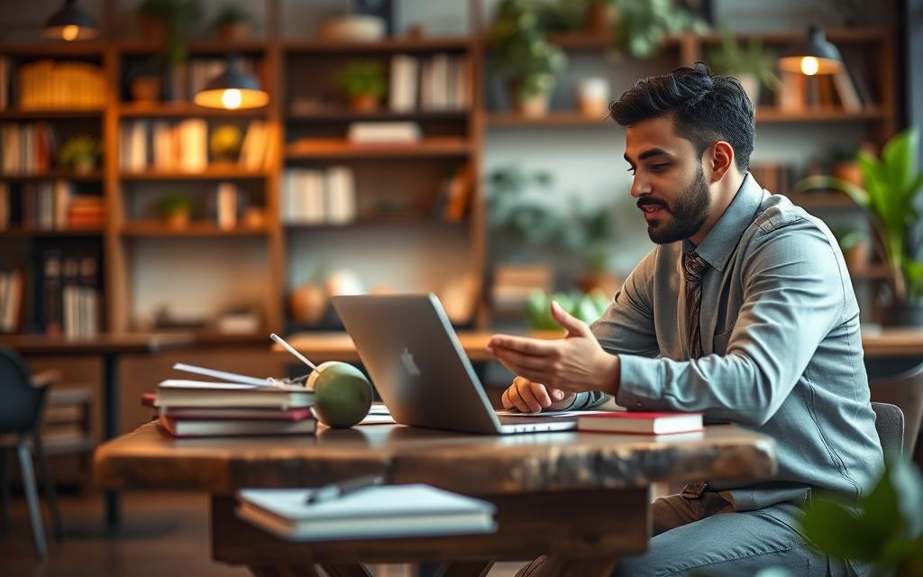 A warm and inviting scene depicting mentorship in action. In the foreground, a diverse pair of individuals engage in a deep conversation: an experienced mentor in professional business attire, offering guidance to a younger mentee in modest casual clothing. Both are seated at a rustic wooden table, surrounded by books, notebooks, and a laptop. In the middle ground, a cozy café ambiance with soft, ambient lighting creates a sense of calm and focus. The background features blurred shelves filled with books and plants, emphasizing a nurturing learning environment. The image captures a mood of inspiration, support, and collaboration, with a soft focus that highlights the mentor-mentee connection, evoking warmth and encouragement.